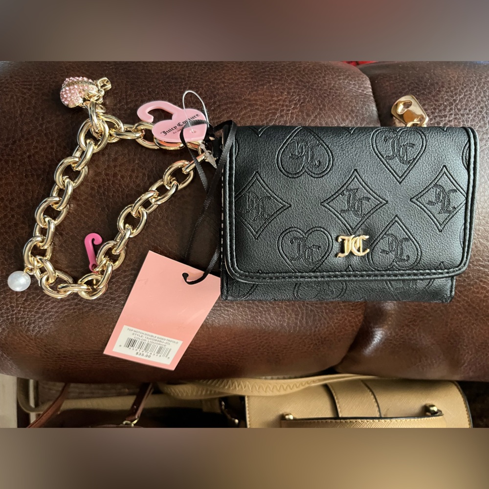 Juicy Couture Black Embossed Leather Chain Wristlet with Gold Hardware